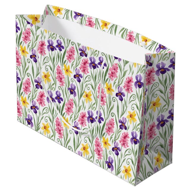 Daffodil Yellow, Iris Purple, Hyacinth Pink Floral Große Geschenktüte (Rückseite Schrägansicht)