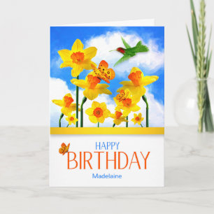 Daffodils and Hummingbird with Name Birthday Karte