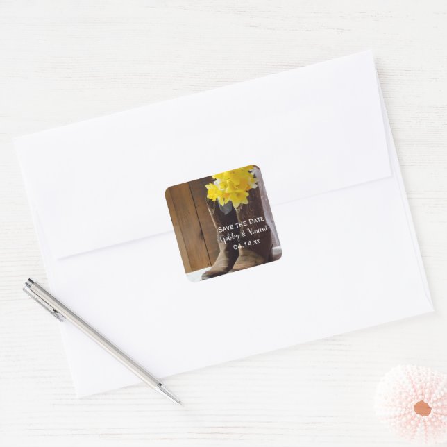 Daffodils Cowboy Boots Barn Wedding Retten Sie das Quadratischer Aufkleber (Umschlag)