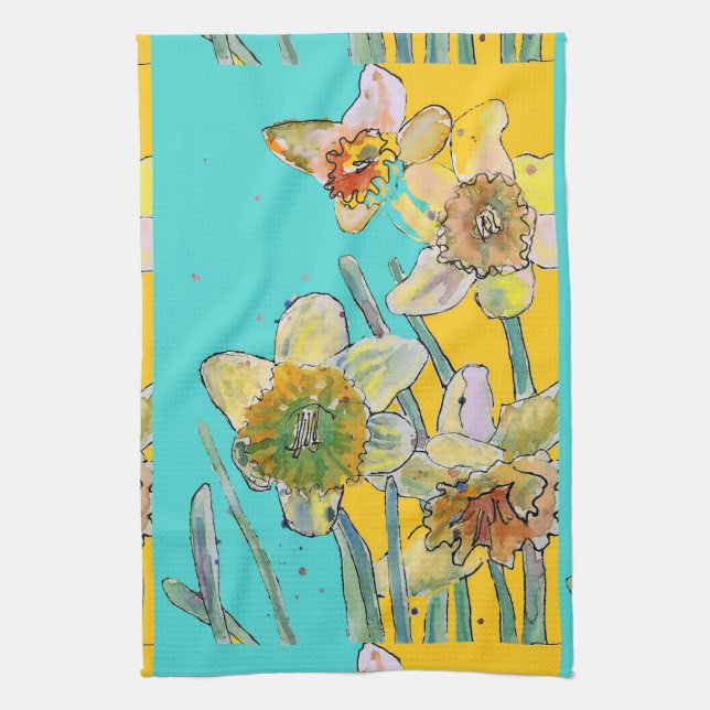 Daffodin Blume Wasserfarben Türkis Blumen  Geschirrtuch (Vertikal)