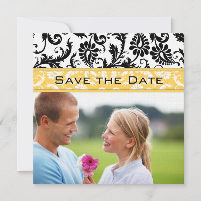 Daffodin Gelb und schwarzer Damast Save the Date Einladung (Vorderseite)