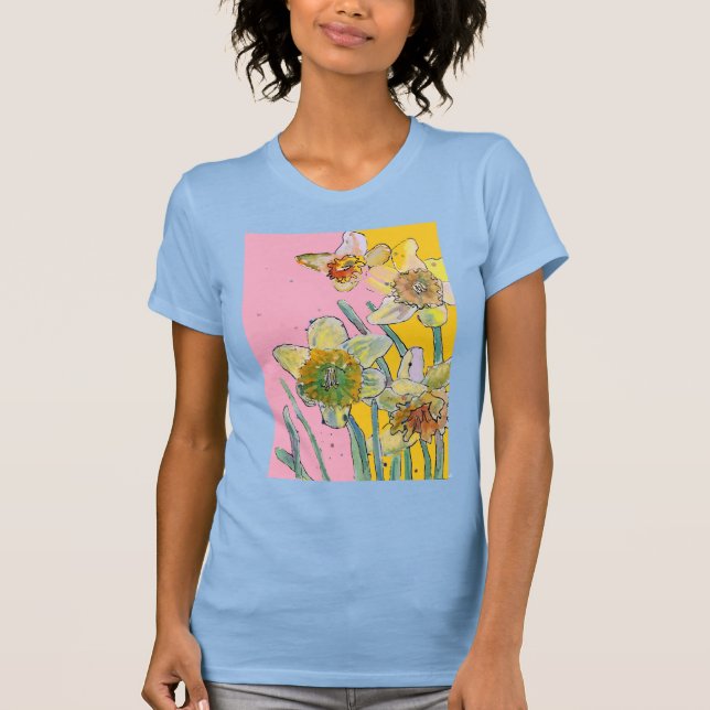 Daffodin Gelbe blaue Blume Blume Wasserfarbe T-Shirt (Vorderseite)