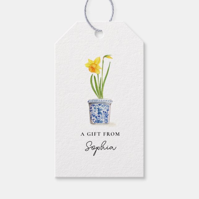 Daffodin in blauem und weißem Topf Geschenkanhänger (Vorderseite)