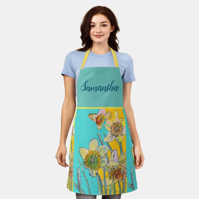 Daffodin Wasserfarbe Blume Gelbgrüner Frühling Schürze (Getragen)