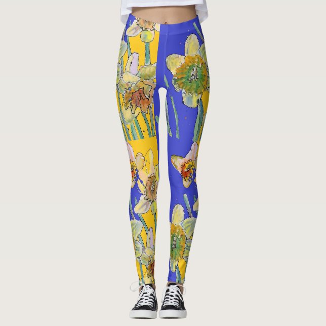 Daffodin Watercolor Blume Blue Floral Leggings (Vorderseite)