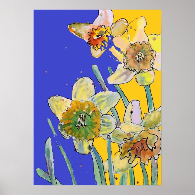 Daffodique Jaune Marine Bleu Fleur Jardin Poster (Devant)