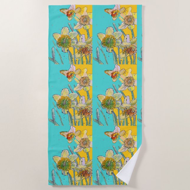 Daffodische Blume Floral Wasserfarbe Türkis Strandtuch (Vorderseite)