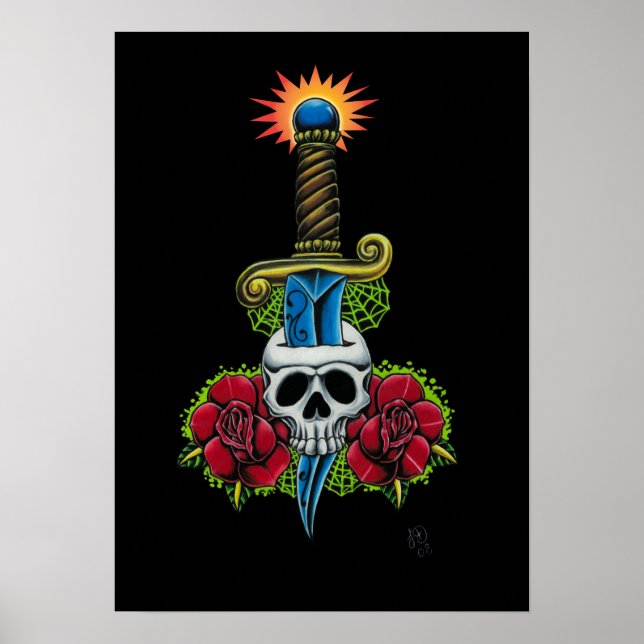 Dagger, Skull und Rose drucken Poster (Vorne)