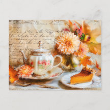 Dahlia Bloom with Pumpkin Cake Slice and Teapot