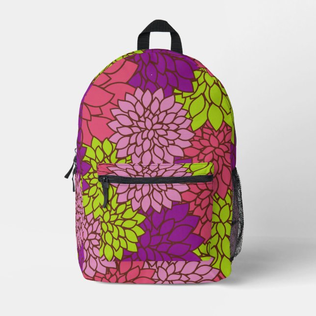 Dahlia-Blume, farbenfrohe Blume, Blumenmuster Bedruckter Rucksack (Vorderseite)