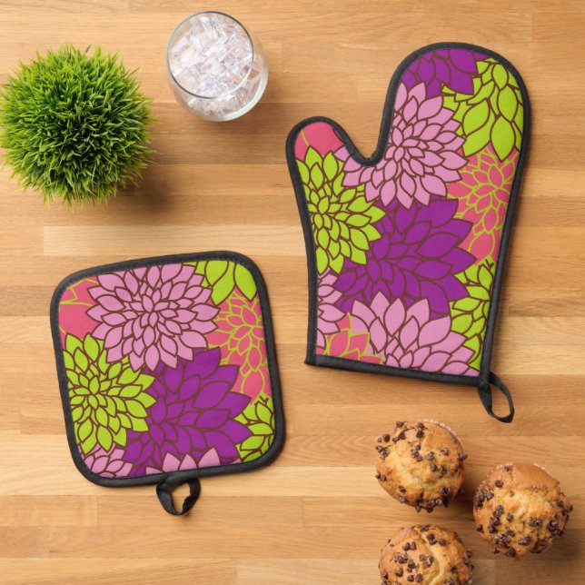 Dahlia-Blume, farbenfrohe Blume, Blumenmuster Ofenhandschuh & Topflappen-Set (Oben Unten)