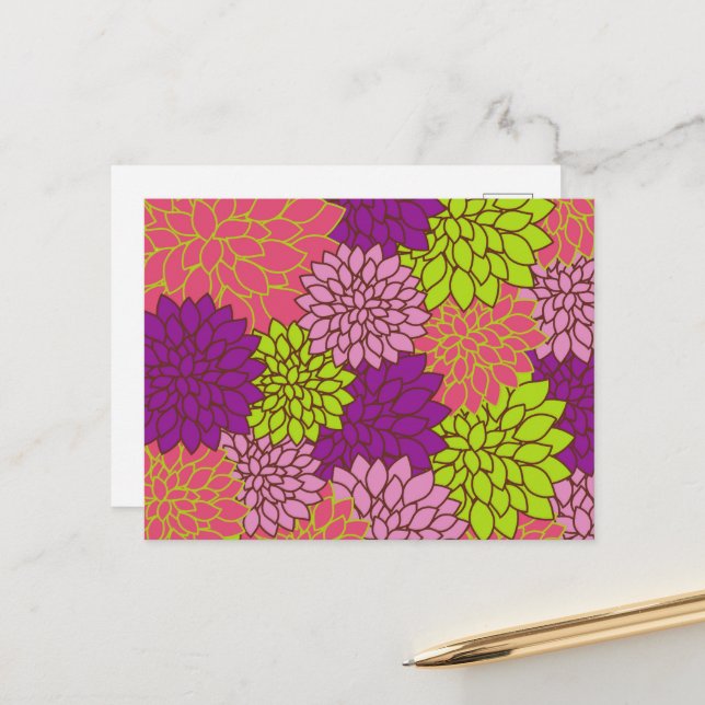 Dahlia-Blume, farbenfrohe Blume, Blumenmuster Postkarte (Vorderseite/Rückseite Beispiel)
