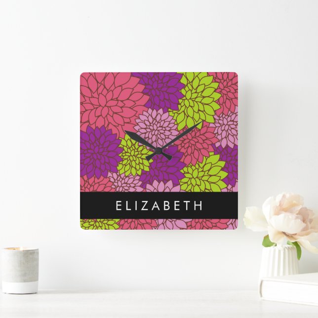 Dahlia Blume, farbenfrohe Blume, Ihr Name Quadratische Wanduhr (Zuhause)