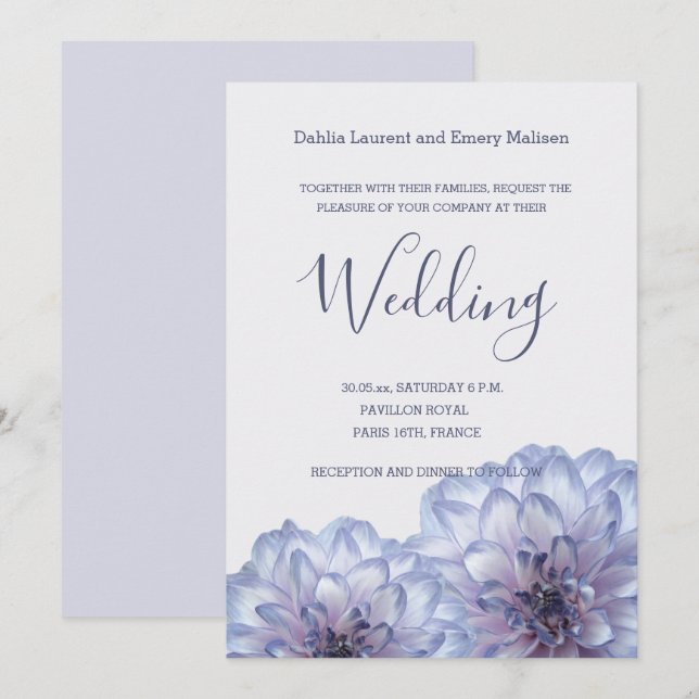 Dahlia Blume Lilac Blue Gray Hochzeit Einladung (Vorne/Hinten)