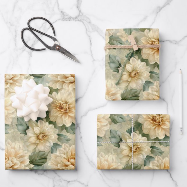 Dahlia Blume Muster mit Grünpflanzen Geschenkpapier Set (Vorderseite)