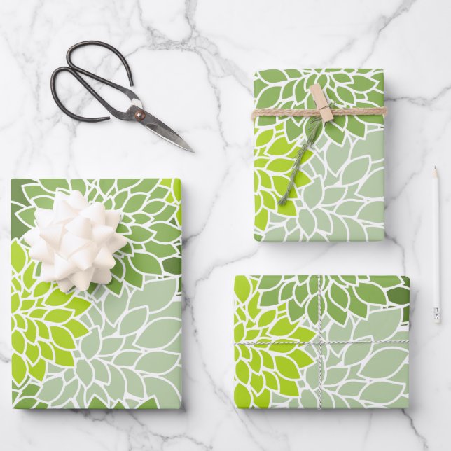 Dahlia-Blume, Muster von Blume, grüner Dahlia Geschenkpapier Set (Vorderseite)