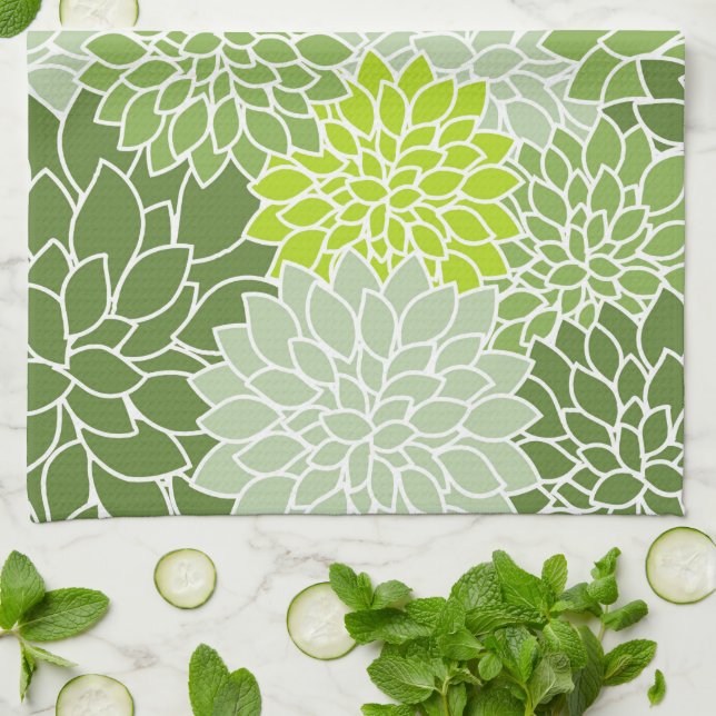 Dahlia-Blume, Muster von Blume, grüner Dahlia Geschirrtuch (Gefaltet)