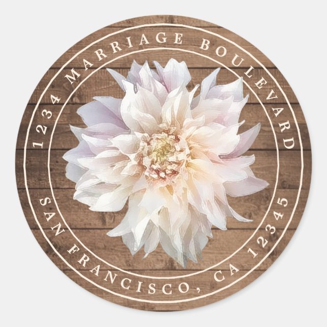 Dahlia Blume Rustic Wood Wedding Rücksendeadresse Runder Aufkleber (Vorderseite)