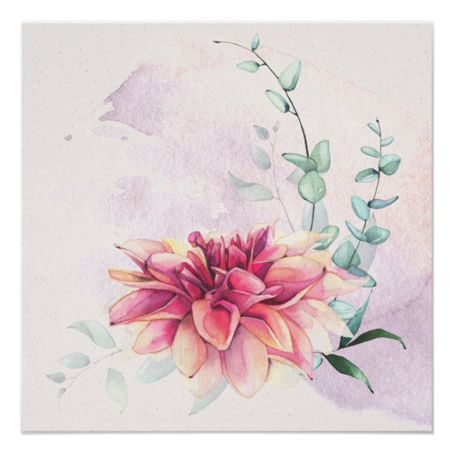 Dahlia Eucalyptus Zeitgenössische Aquarelldrucke Poster (Vorderseite)