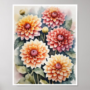 Dahlia Fleurs faites main de l'eau couleur Poster 