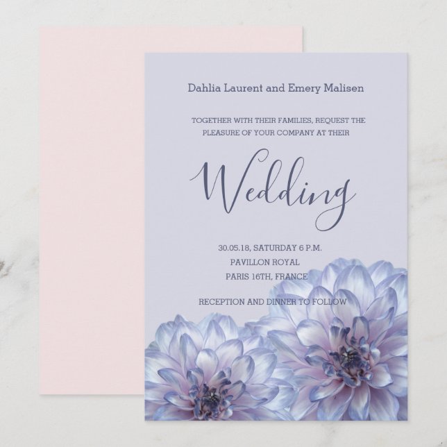 Dahlia fleurs lilas bleu rose faire-part de mariag (Devant / Derrière)