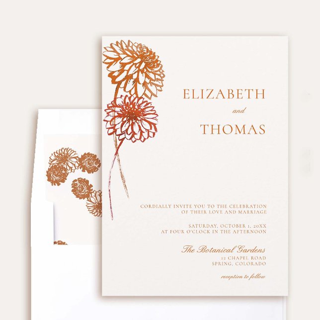 Dahlia Flora Art Sketch Erde Moderne Hochzeit im H Einladung (elegant fall wedding invitation dahlia earth bright terracotta burnt orange floral sketch modern)