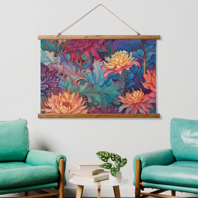 Dahlia Floral Tapestry Wandteppich Mit Holzrahmen (Wohnzimmer)