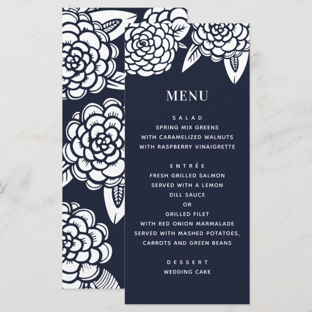 Dahlia. Moderne Hochzeit der Navy mit Blumen. Blau Menükarte (Vorne/Hinten)