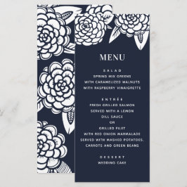 Dahlia. Moderne Hochzeit der Navy mit Blumen. Blau Menükarte