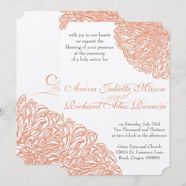 Dahlia Peach Coral Wedding blühend Einladung (Vorne/Hinten)