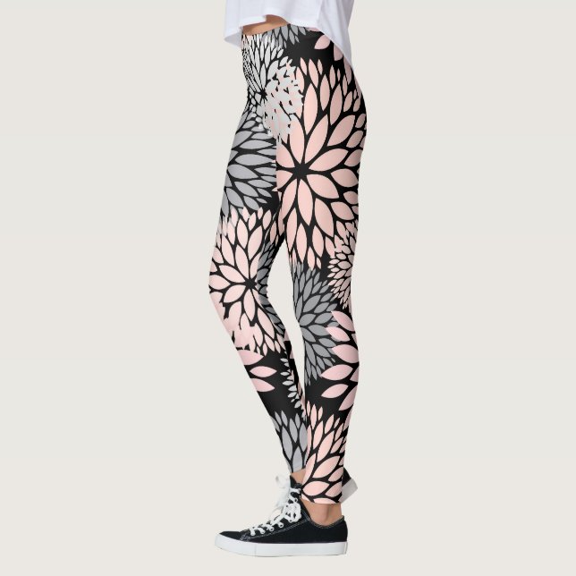 Dahlia Pink Gray Floral Pattern Leggings (Links)