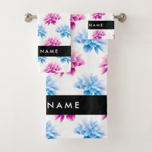 Dahlia rose et bleu, motif floral, votre nom
