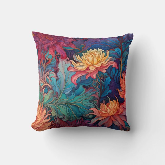 Dahlia Tapestry Rot-Blau-Goldwurfkeule Kissen (Vorderseite)