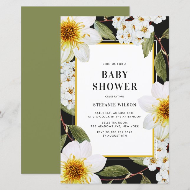 Dahlia und Spirea Botanische Babydusche Einladung (Vorne/Hinten)