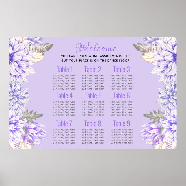 Dahlias - Amethyst Wedding Suite Seating Chart Poster (Vorne)