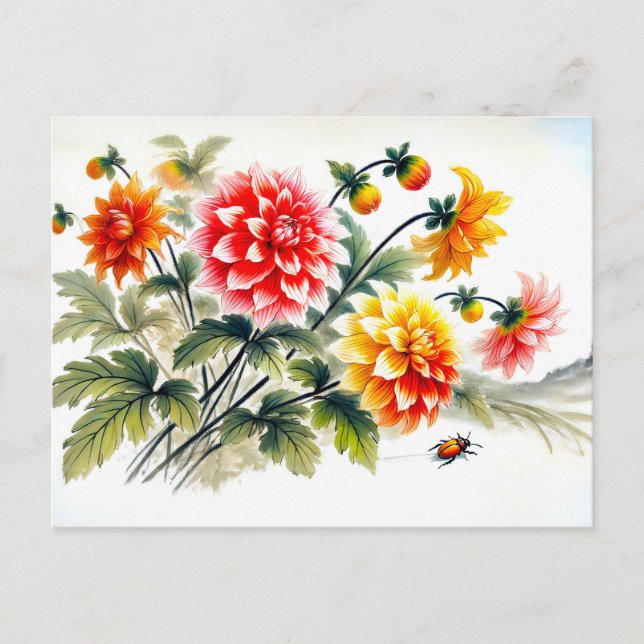 Dahlias Asian Tinte Malerei Feiertagspostkarte (Vorderseite)