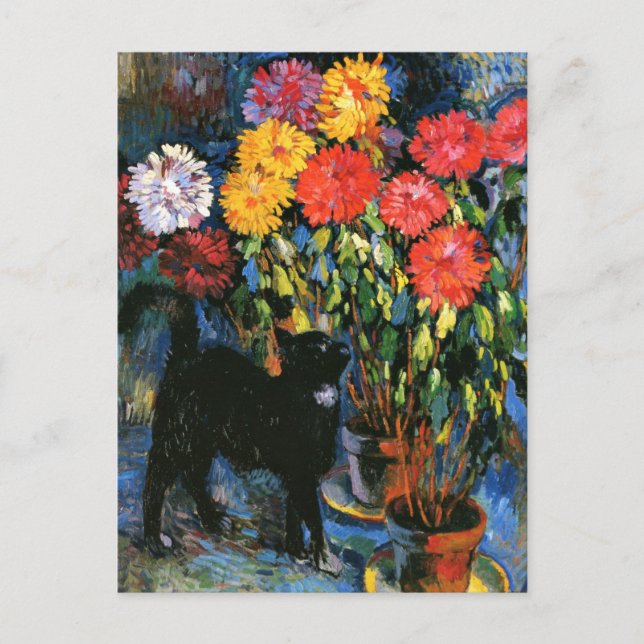 Dahlias und Black Cat, Kunstmalerei Postkarte (Vorderseite)