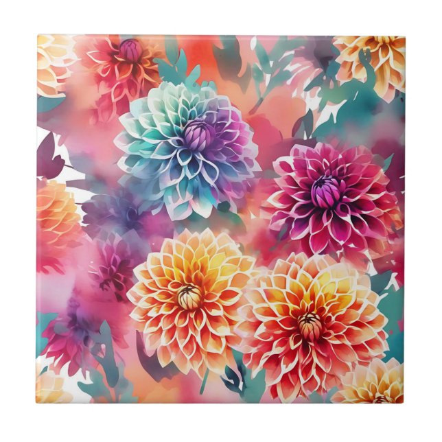 Dahlias Watercolor Floral Fliese (Vorderseite)