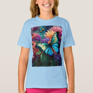Dahlien und irrisierende blaugrüne Schmetterlinge T-Shirt