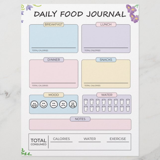 Daily Food Journal Briefbogen (Vorderseite)