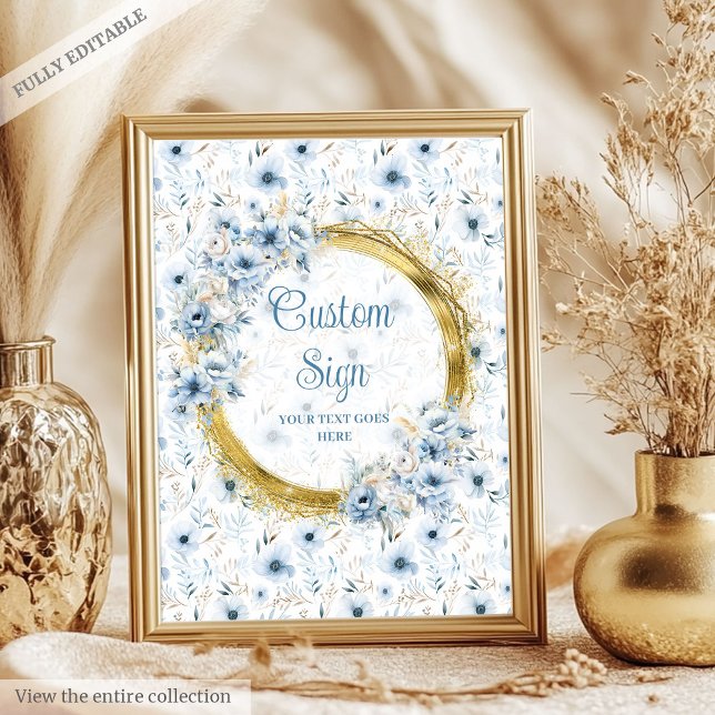 Daintie staubblaue Aquarellfarben-Blume Poster (Dainty dusty blue watercolor flowers gold custom poster)