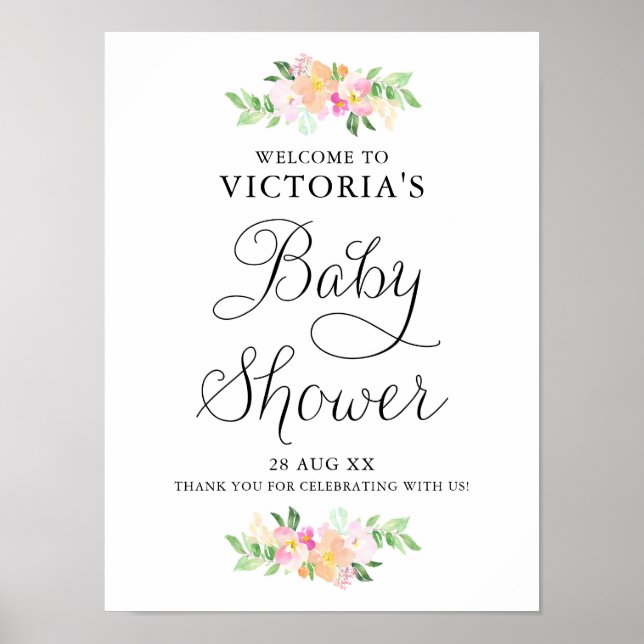 Dainty Aquarelle Florals Baby shower Affiche de bi (Devant)