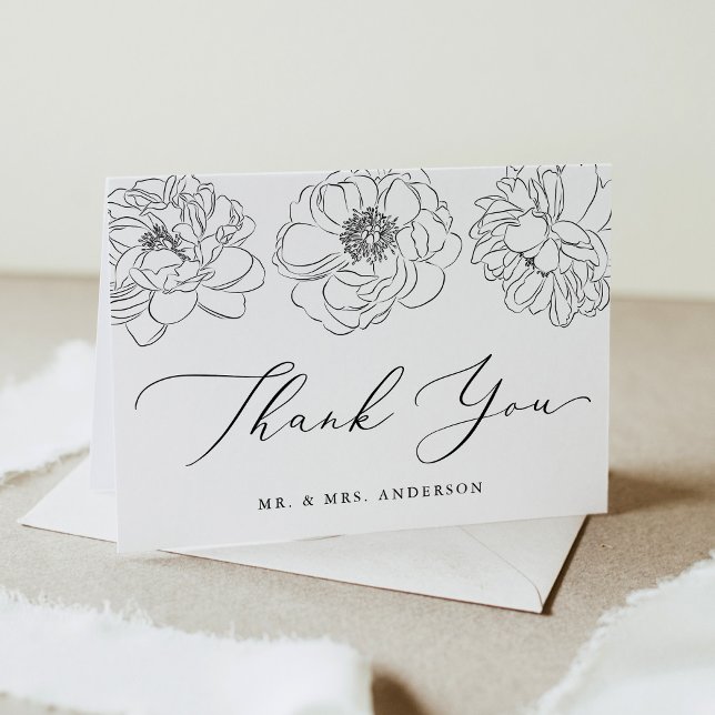 Dainty Black and White Floral Wedding Dankeskarte (Von Creator hochgeladen)