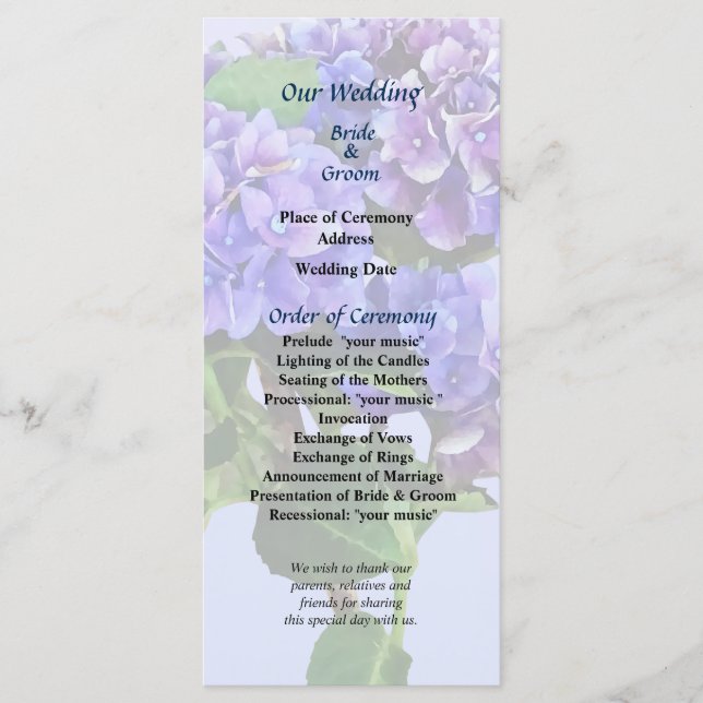 Dainty Blue Hydrangea Wedding Program Programm (Vorderseite)