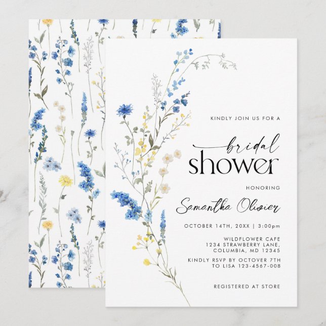 Dainty Blue Wild Blume Simple Navy Brautparty Einladung (Vorne/Hinten)