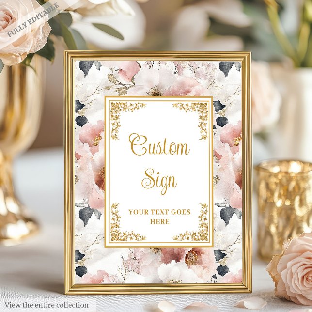 Dainty Blush Blume und Goldwedelzeichen Poster (Dainty blush flowers and gold wedding custom sign)
