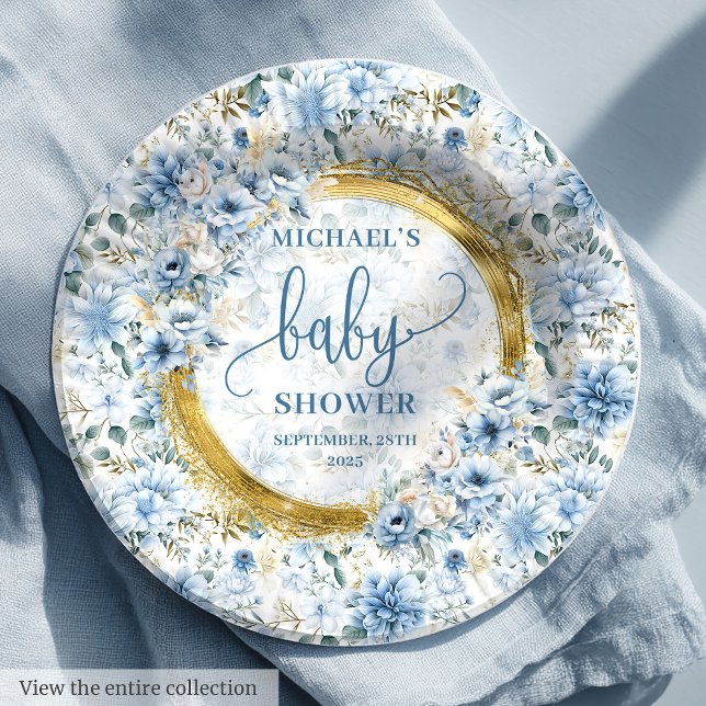 Dainty boho pastellblauen Blüten Gold personalisie Pappteller (Dainty boho pastel blue flowers gold personalized Paper Plates)
