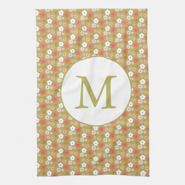 Dainty Boho Woodland Floral Pattern Green Monogram Geschirrtuch (Vertikal)