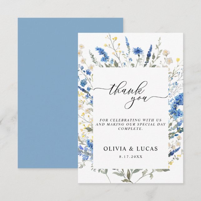Dainty Dusty Blue Wild Floral Navy Rustikale Hochz Dankeskarte (Vorne/Hinten)