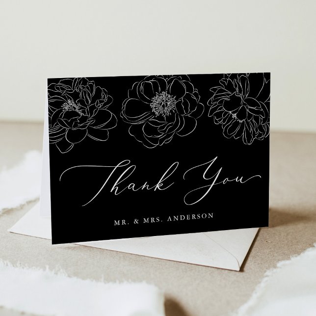 Dainty Floral Black and White Wedding Dankeskarte (Von Creator hochgeladen)